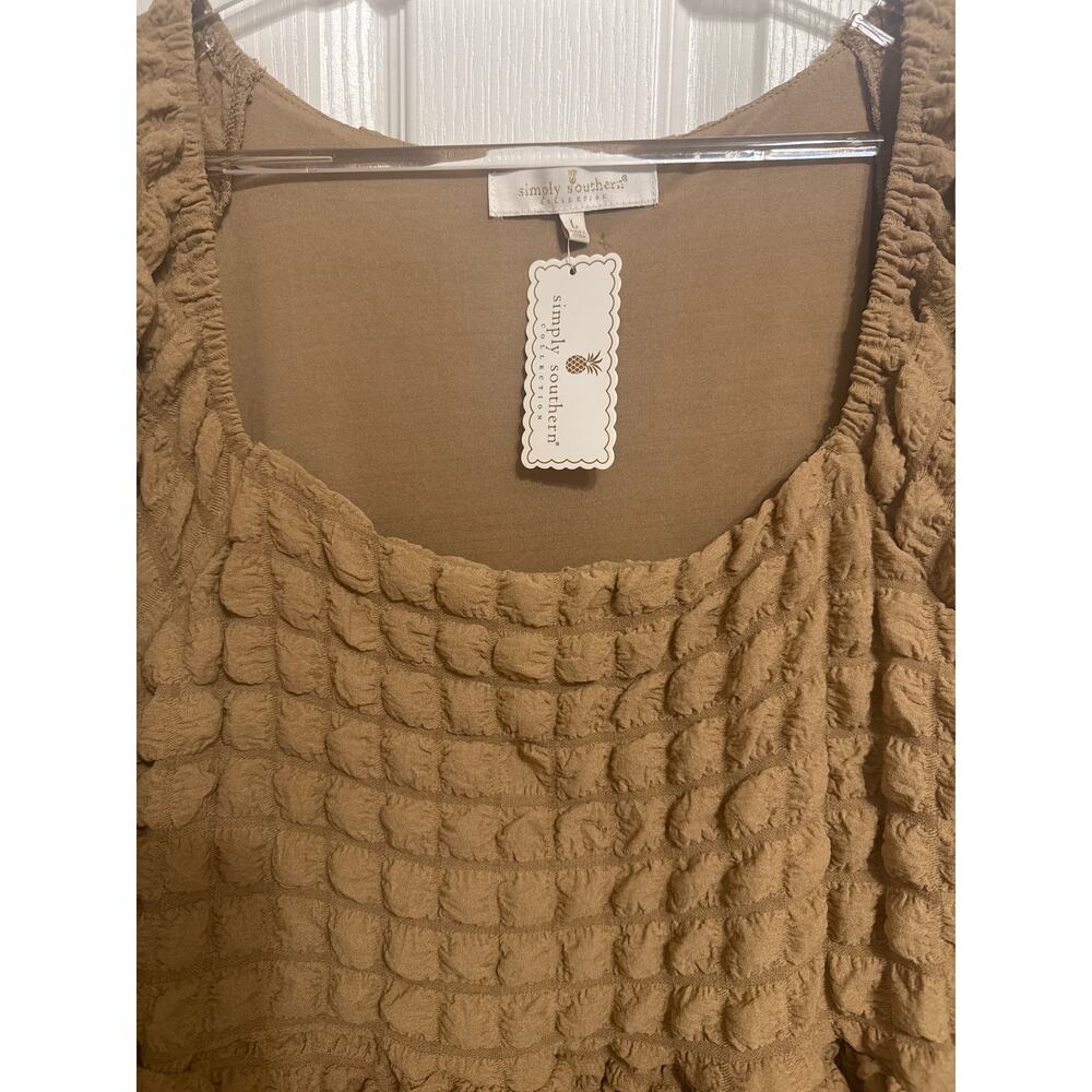 Simply Southern NWT Bubble Ruffle Mini Dress Size Large Brown Flowy Boho - Picture 2 of 11